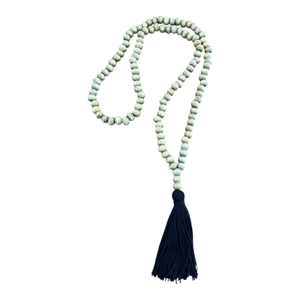 Wood Beaded Mala Necklace with Black Tassel